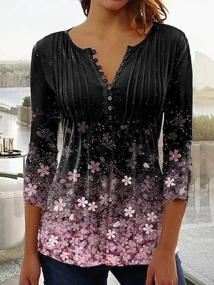 Duttini | Sculpted Floral Long Sleeve Henley Blouse