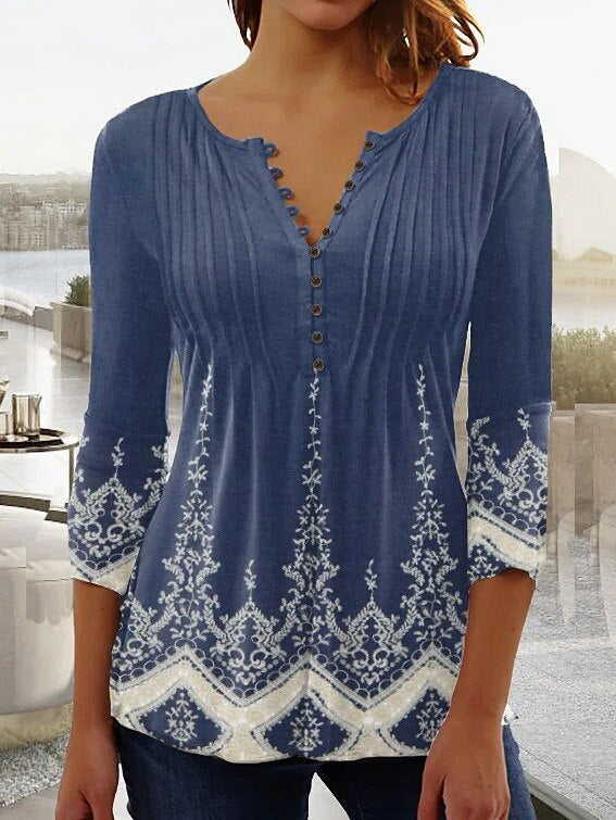 Duttini | Sculpted Floral Long Sleeve Henley Blouse