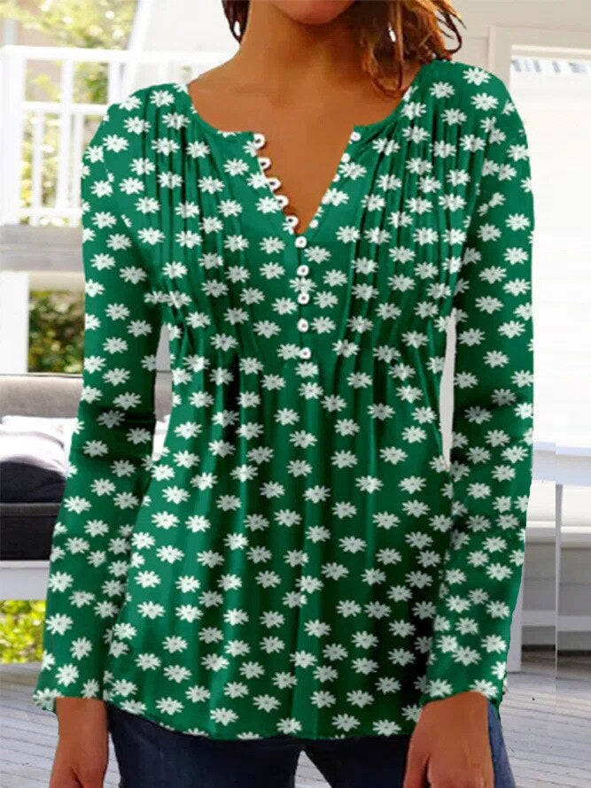 Duttini | Sculpted Floral Long Sleeve Henley Blouse