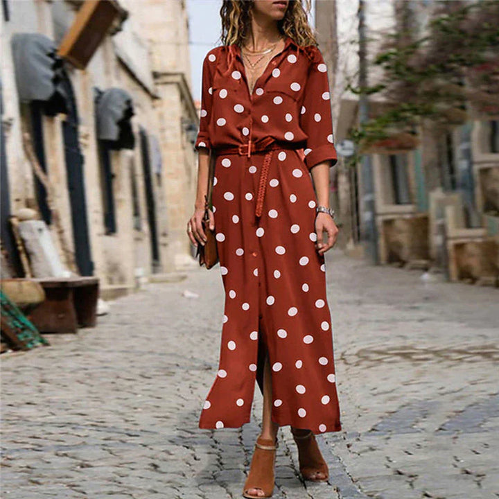 Duttini | Timeless Polka Dot Maxi Dress Long Sleeve Button-Down Shirt Dress