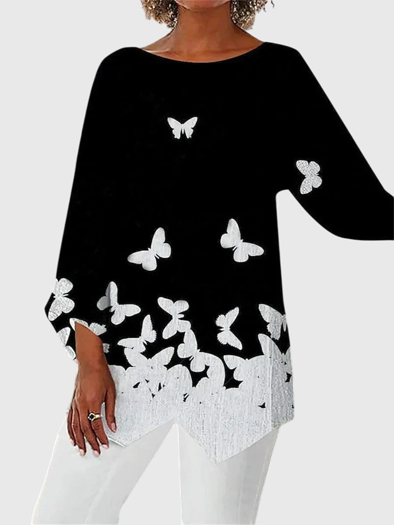 Duttini | Timeless Butterfly Print Asymmetric Hem Top Made to Turn Heads