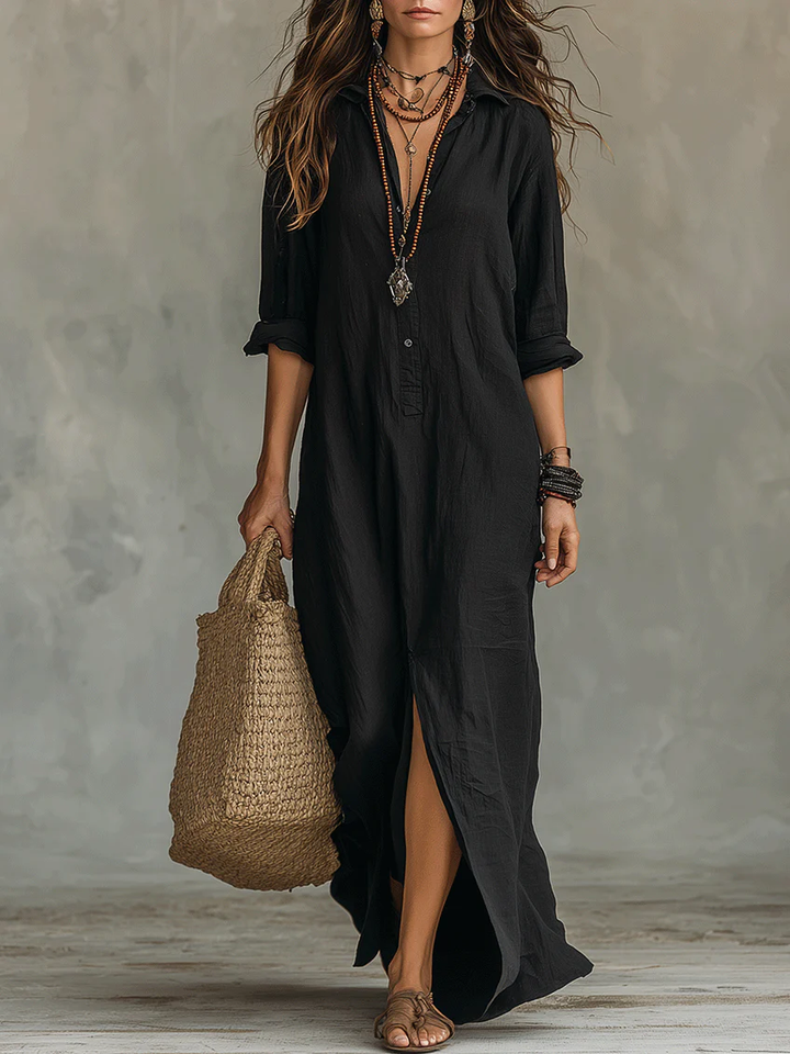 Duttini | Sculpted Button Front Long Sleeve Maxi Shirt Dress