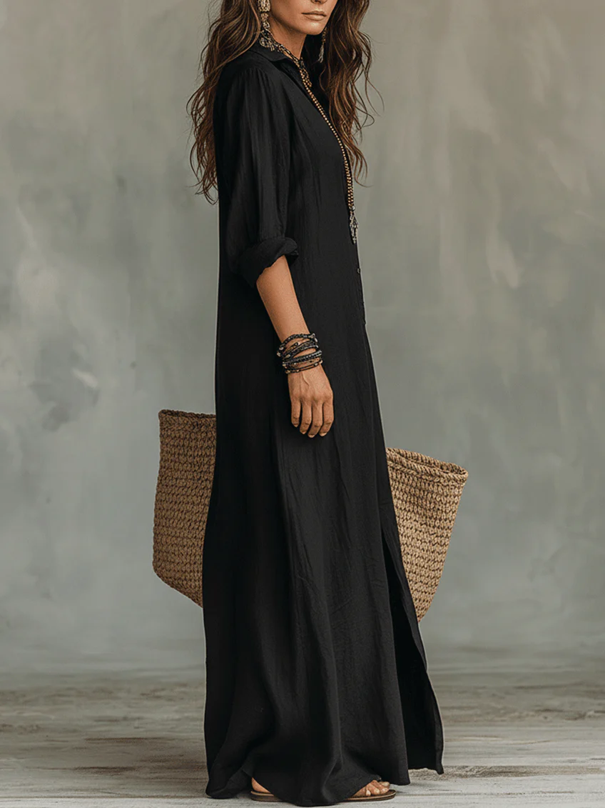 Duttini | Sculpted Button Front Long Sleeve Maxi Shirt Dress