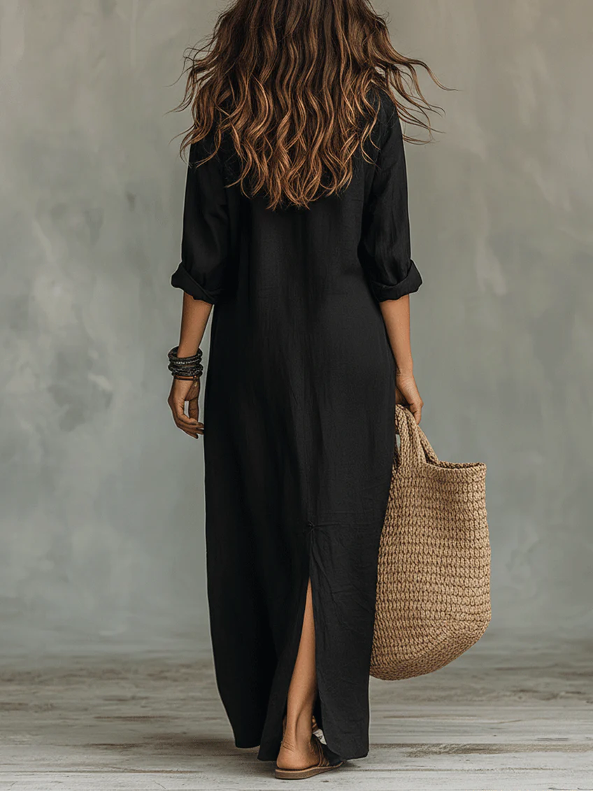 Duttini | Sculpted Button Front Long Sleeve Maxi Shirt Dress