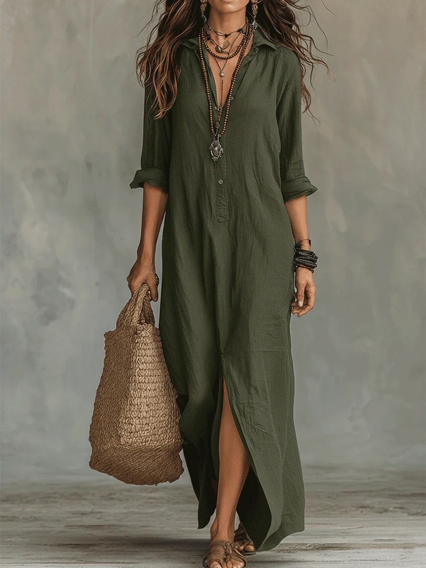 Duttini | Sculpted Button Front Long Sleeve Maxi Shirt Dress