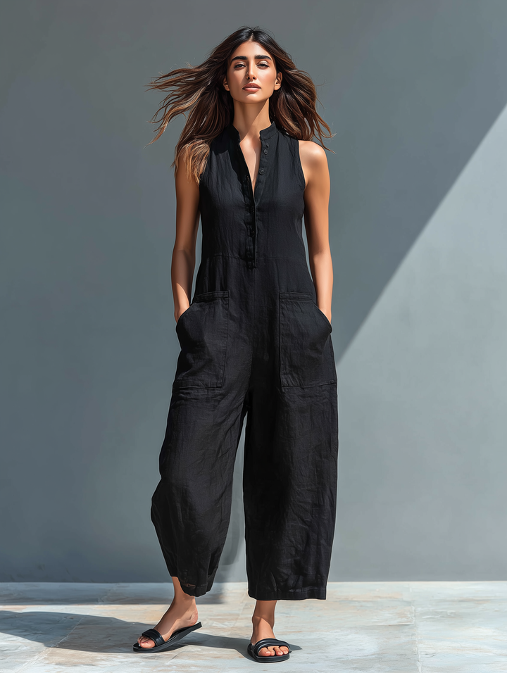 Duttini | Timeless Sleeveless Button Front Wide Leg Jumpsuit