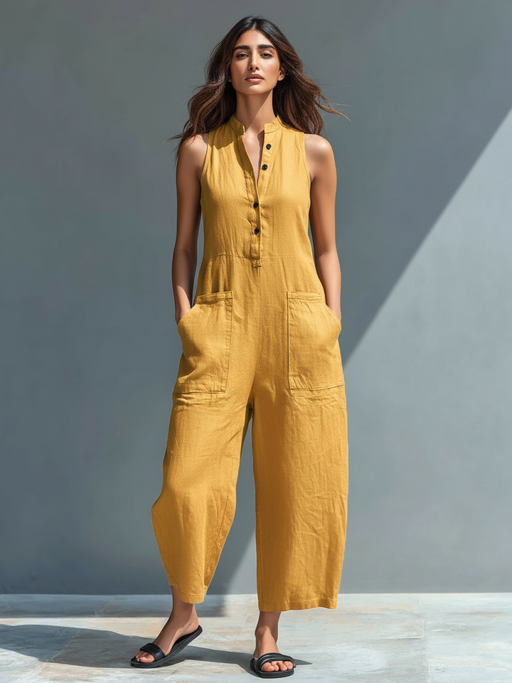 Duttini | Timeless Sleeveless Button Front Wide Leg Jumpsuit