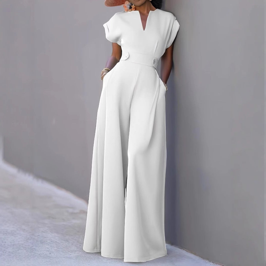Duttini | Feminine V-Neck Wide Leg Jumpsuit With Pockets