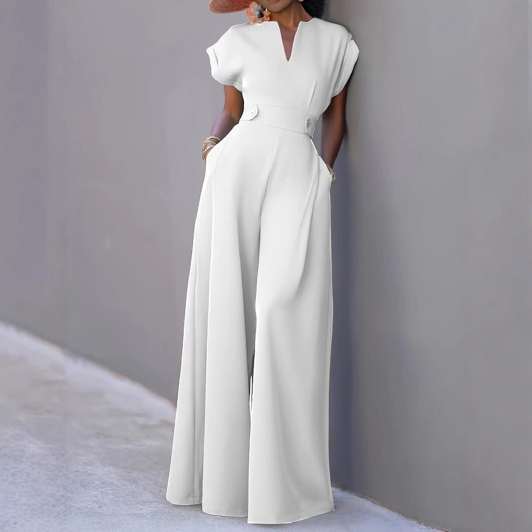 Duttini | Feminine V-Neck Wide Leg Jumpsuit With Pockets