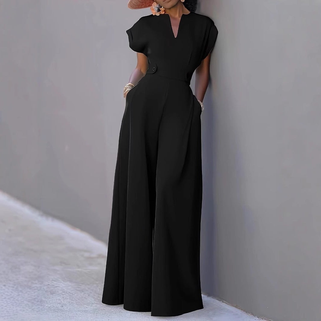 Duttini | Feminine V-Neck Wide Leg Jumpsuit With Pockets