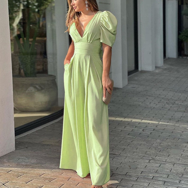 Duttini | Chic V-Neck Puff Sleeve Wide Leg Jumpsuit for Every Occasion