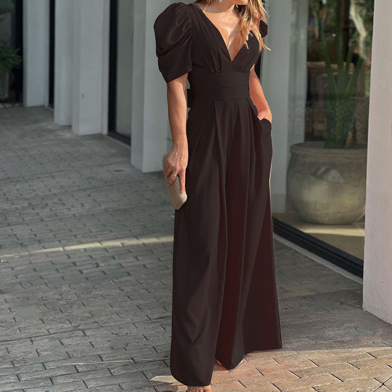 Duttini | Chic V-Neck Puff Sleeve Wide Leg Jumpsuit for Every Occasion