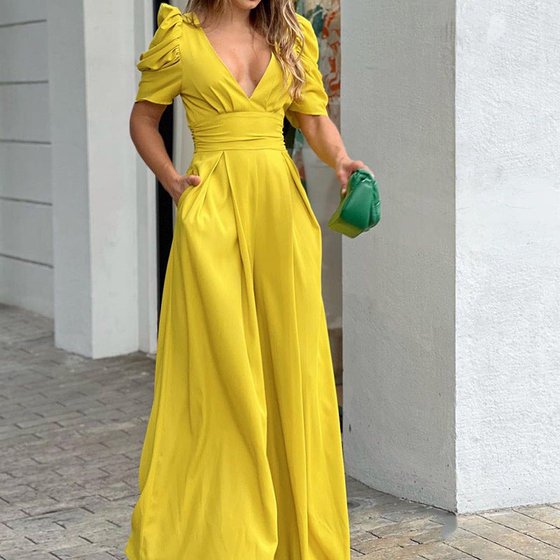 Duttini | Chic V-Neck Puff Sleeve Wide Leg Jumpsuit for Every Occasion
