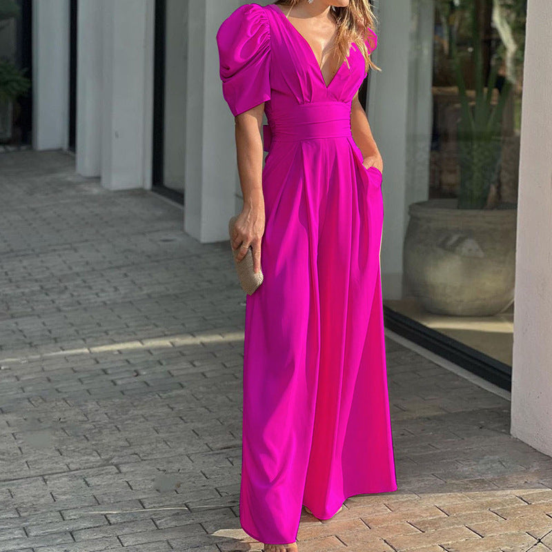 Duttini | Chic V-Neck Puff Sleeve Wide Leg Jumpsuit for Every Occasion