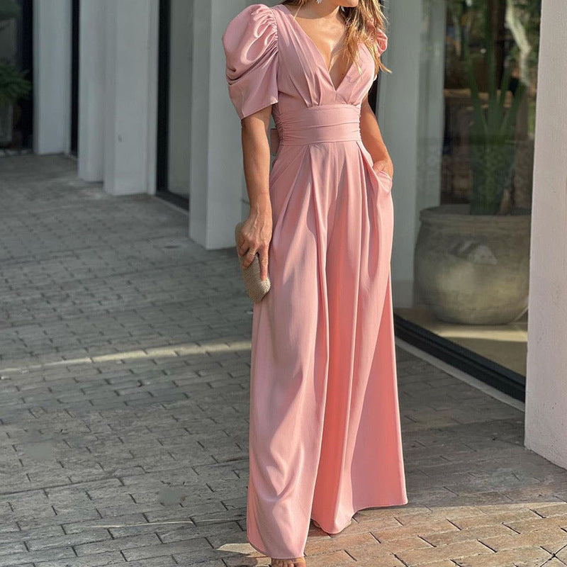 Duttini | Chic V-Neck Puff Sleeve Wide Leg Jumpsuit for Every Occasion
