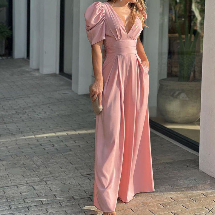 Duttini | Chic V-Neck Puff Sleeve Wide Leg Jumpsuit for Every Occasion