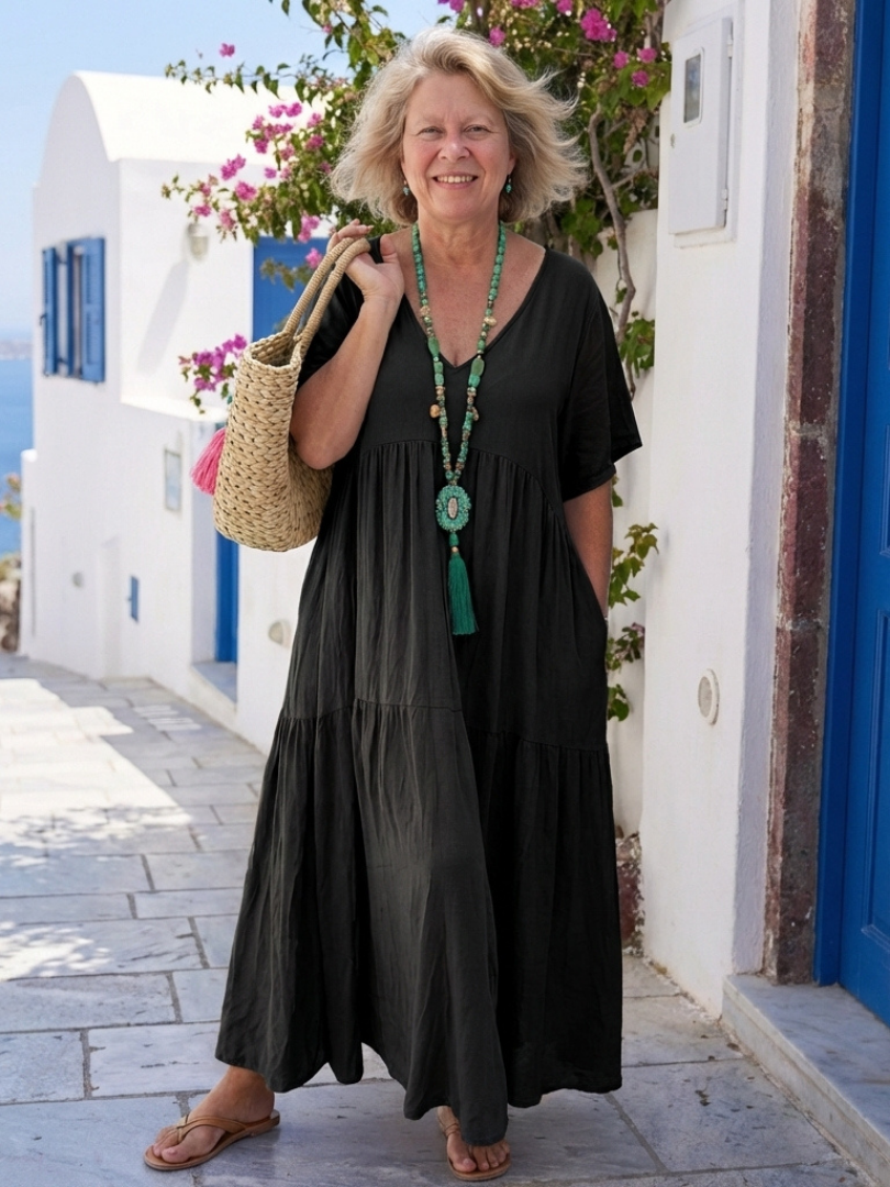 Duttini | Flowing Short Sleeve Tiered Maxi Dress for Effortless Elegance