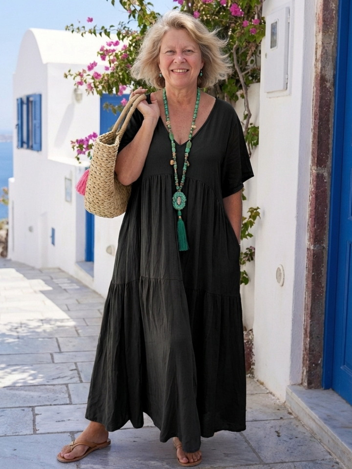 Duttini | Flowing Short Sleeve Tiered Maxi Dress for Effortless Elegance