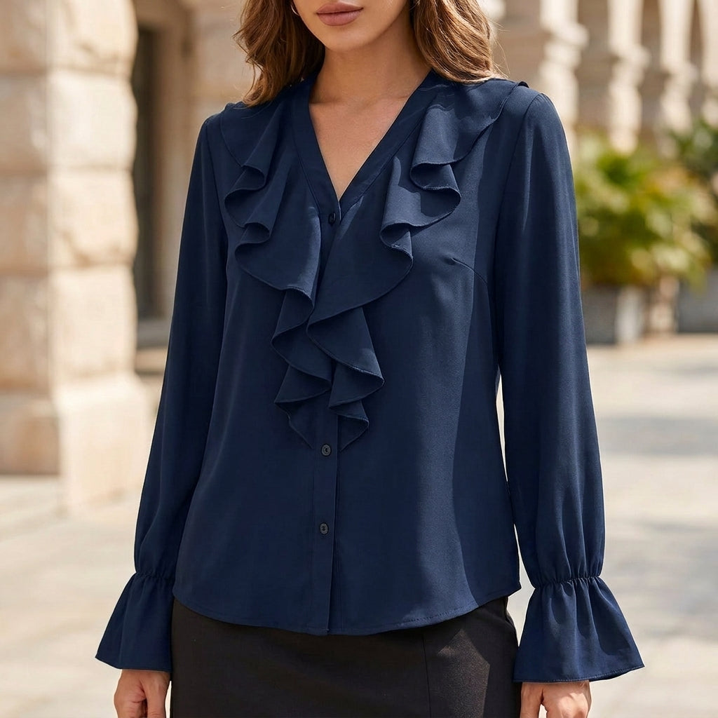 Duttini | Elegant Ruffled Button-Down Blouse With Jabot Collar And Flared Cuffs