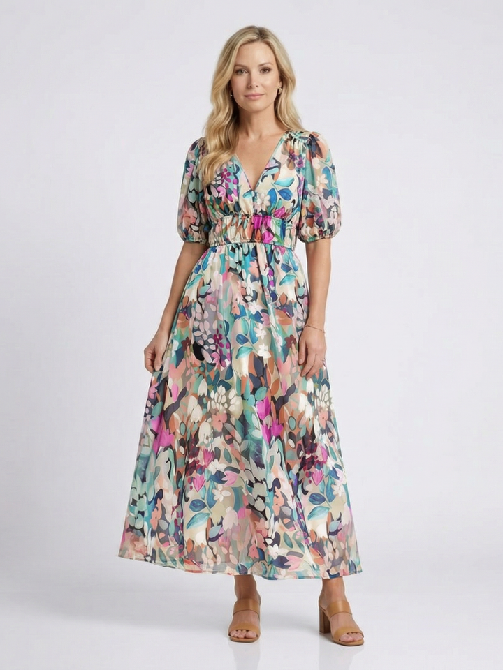 Duttini | Sculpted Floral V-Neck Midi Dress in a Flattering Cut