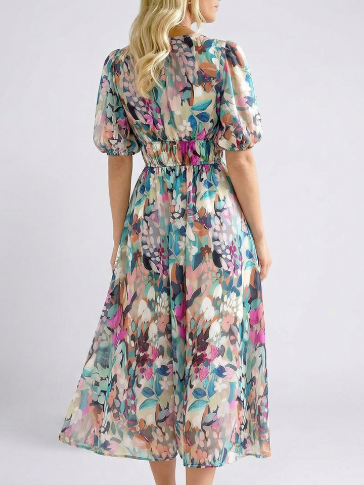 Duttini | Sculpted Floral V-Neck Midi Dress in a Flattering Cut