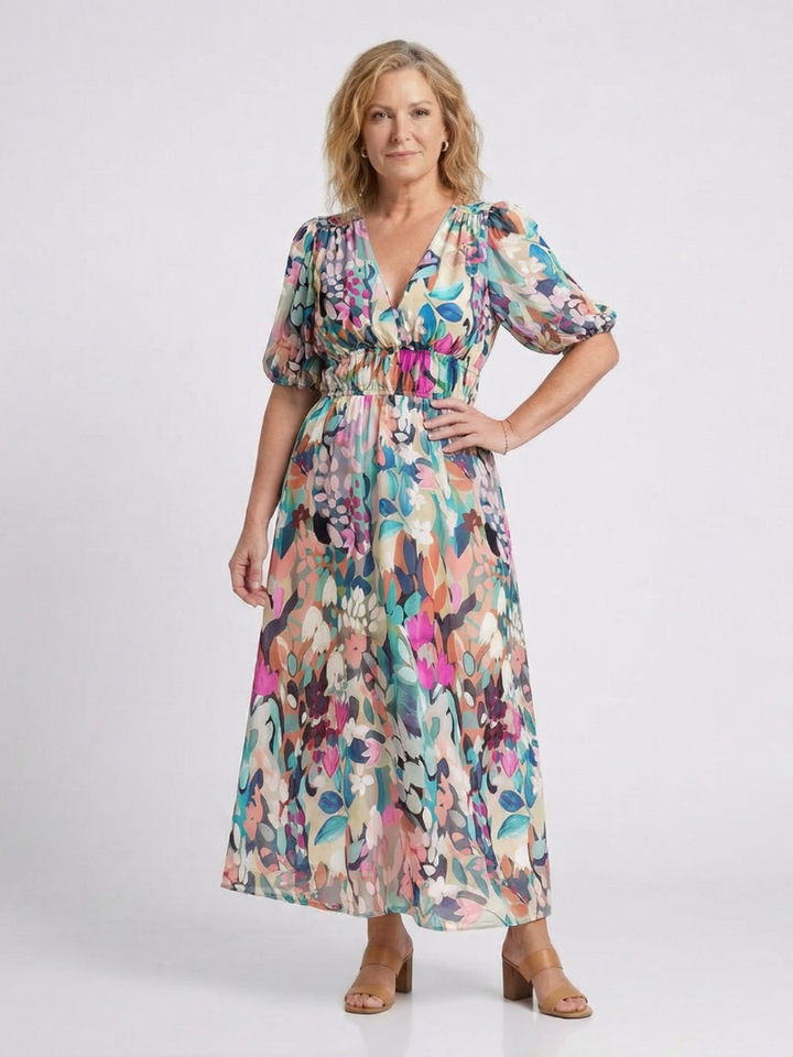 Duttini | Sculpted Floral V-Neck Midi Dress in a Flattering Cut