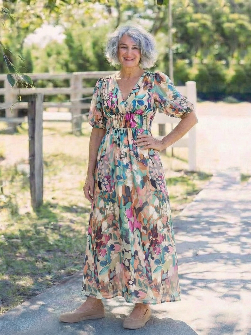 Duttini | Sculpted Floral V-Neck Midi Dress in a Flattering Cut