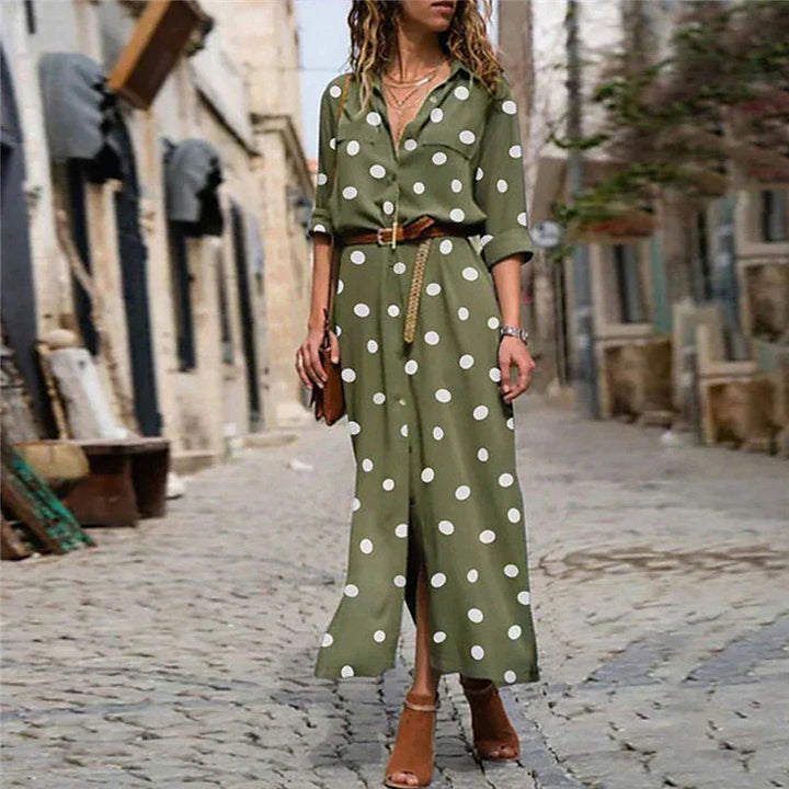 Duttini | Timeless Polka Dot Maxi Dress Long Sleeve Button-Down Shirt Dress