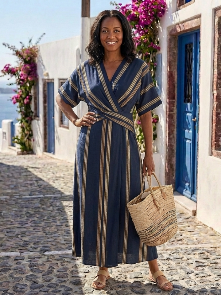 Duttini | Luxe V Neck Striped Wrap Maxi Dress for Effortless Elegance