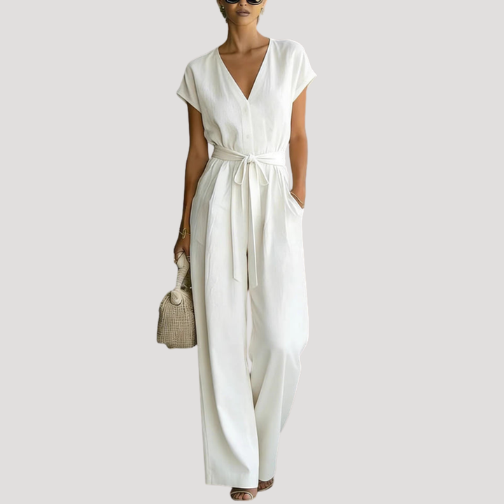 Duttini | Statement V Neck Wide Leg Tie Waist Jumpsuit