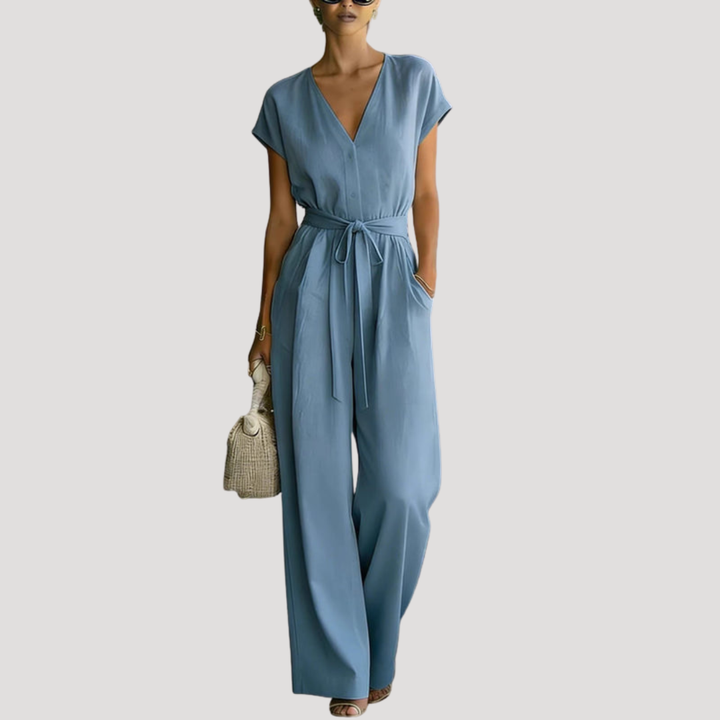 Duttini | Statement V Neck Wide Leg Tie Waist Jumpsuit