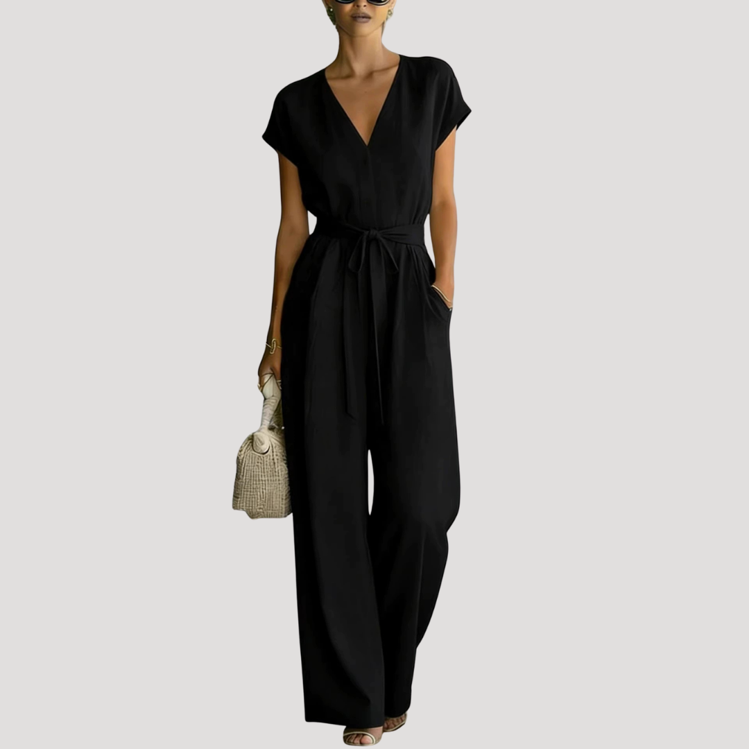 Duttini | Statement V Neck Wide Leg Tie Waist Jumpsuit