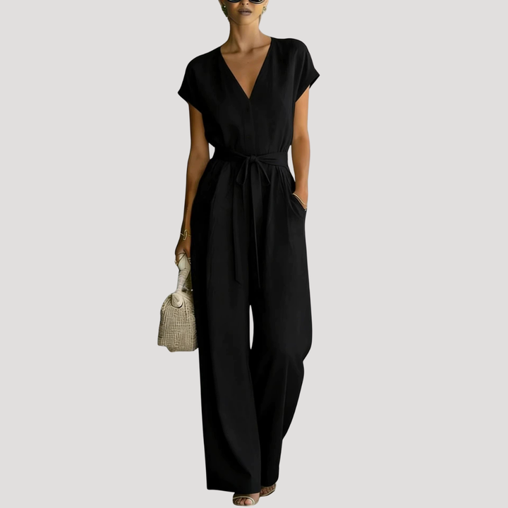 Duttini | Statement V Neck Wide Leg Tie Waist Jumpsuit