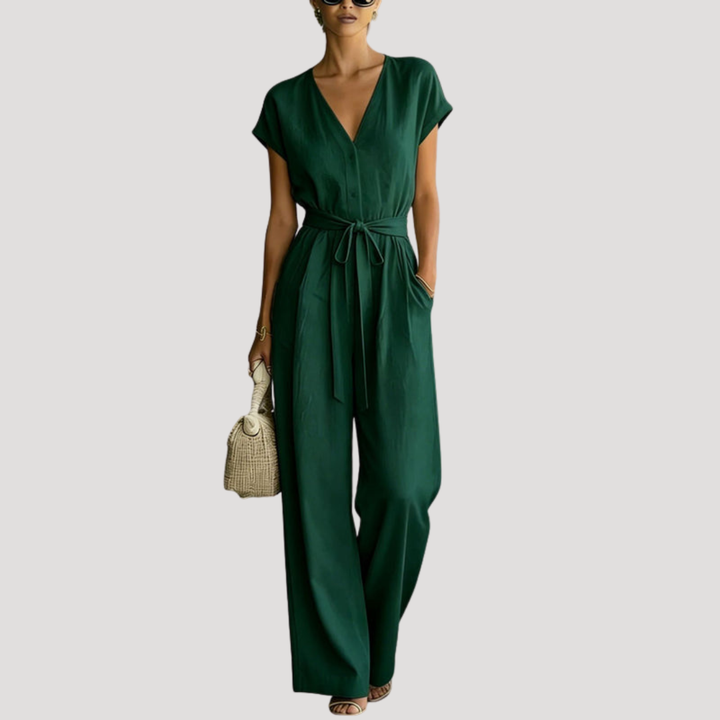 Duttini | Statement V Neck Wide Leg Tie Waist Jumpsuit