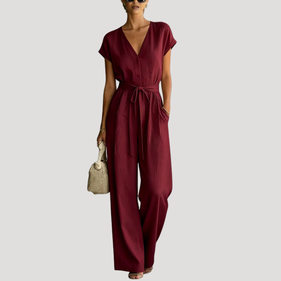 Duttini | Statement V Neck Wide Leg Tie Waist Jumpsuit