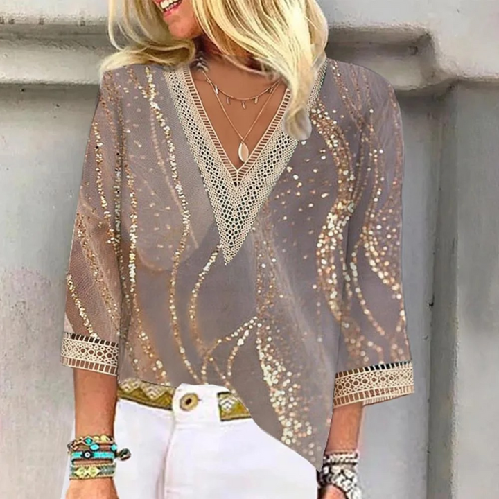 Duttini | Romantic V-Neck 3/4 Sleeve Glitter Blouse