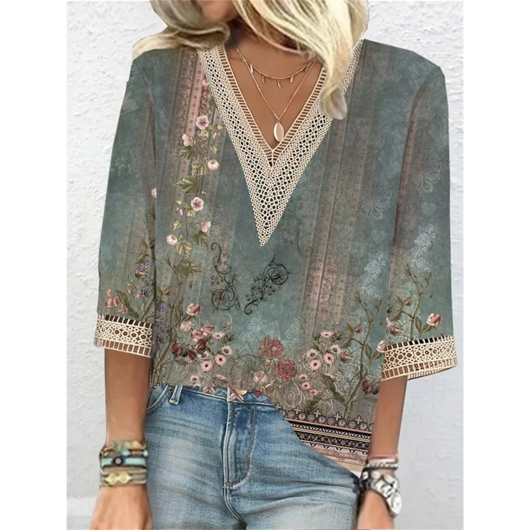 Duttini | Romantic V-Neck 3/4 Sleeve Glitter Blouse