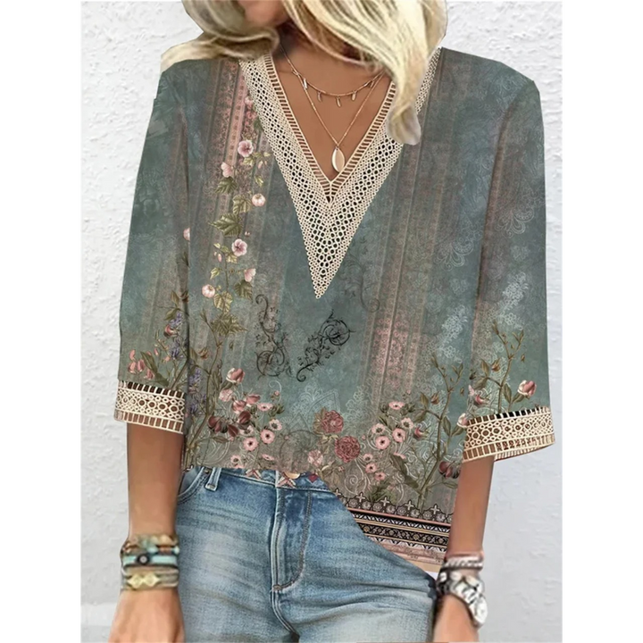 Duttini | Romantic V-Neck 3/4 Sleeve Glitter Blouse