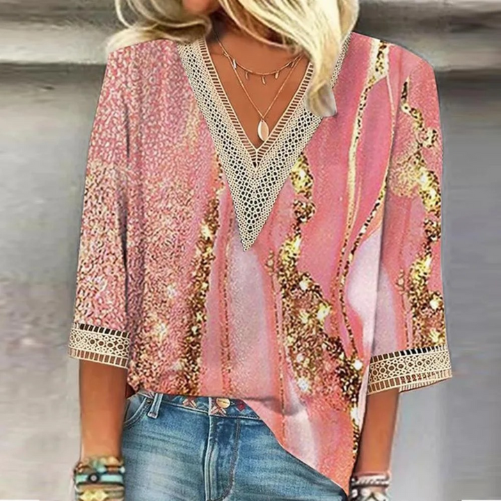 Duttini | Romantic V-Neck 3/4 Sleeve Glitter Blouse