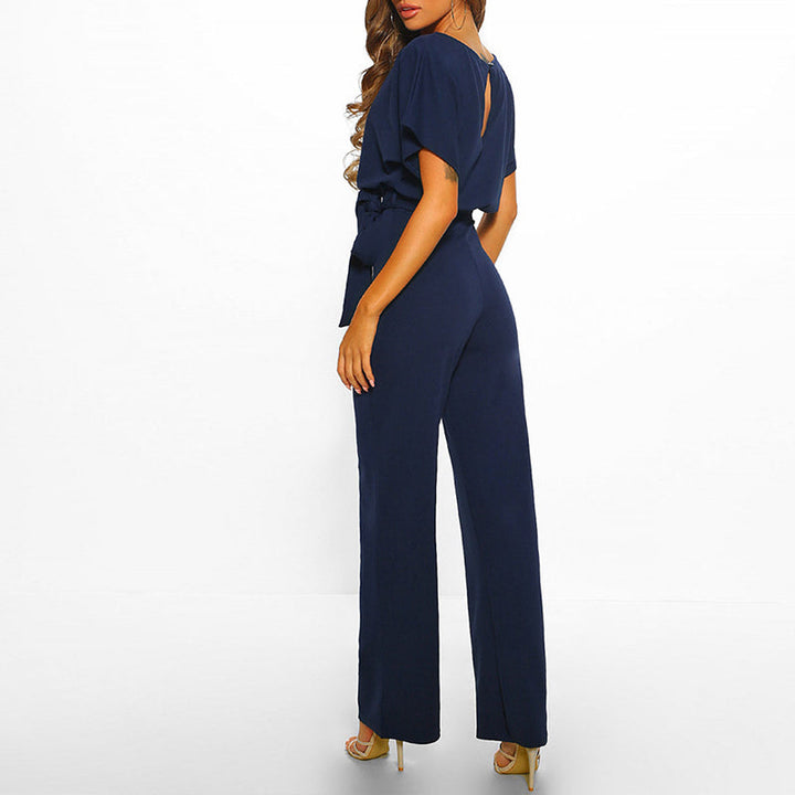 Duttini | Luxe Wide Leg Short Sleeve Belted Jumpsuit with Graceful Drape