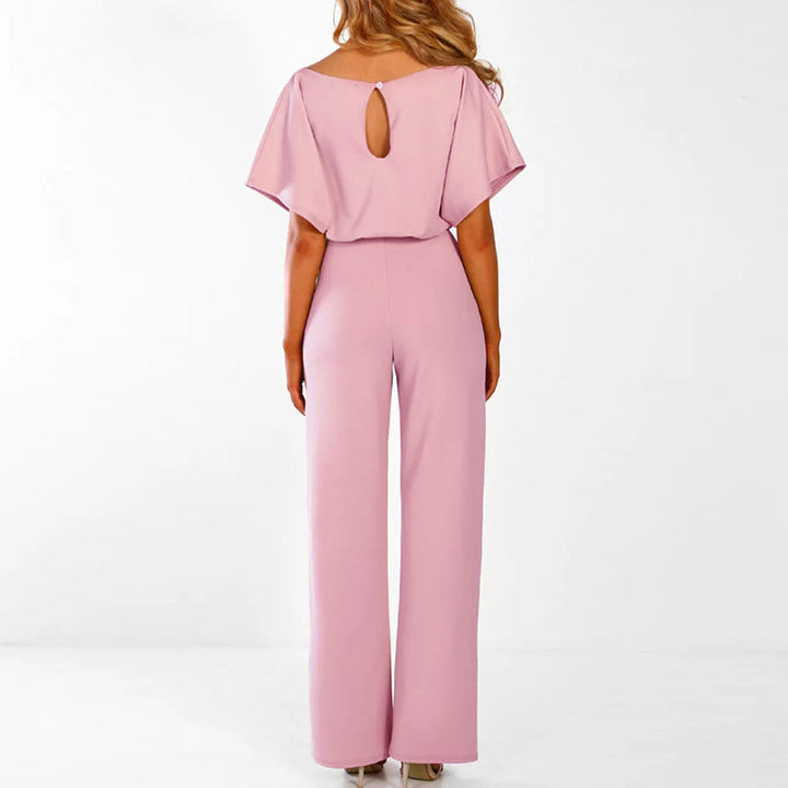 Duttini | Luxe Wide Leg Short Sleeve Belted Jumpsuit with Graceful Drape