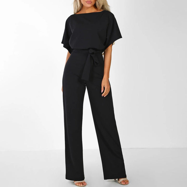 Duttini | Luxe Wide Leg Short Sleeve Belted Jumpsuit with Graceful Drape