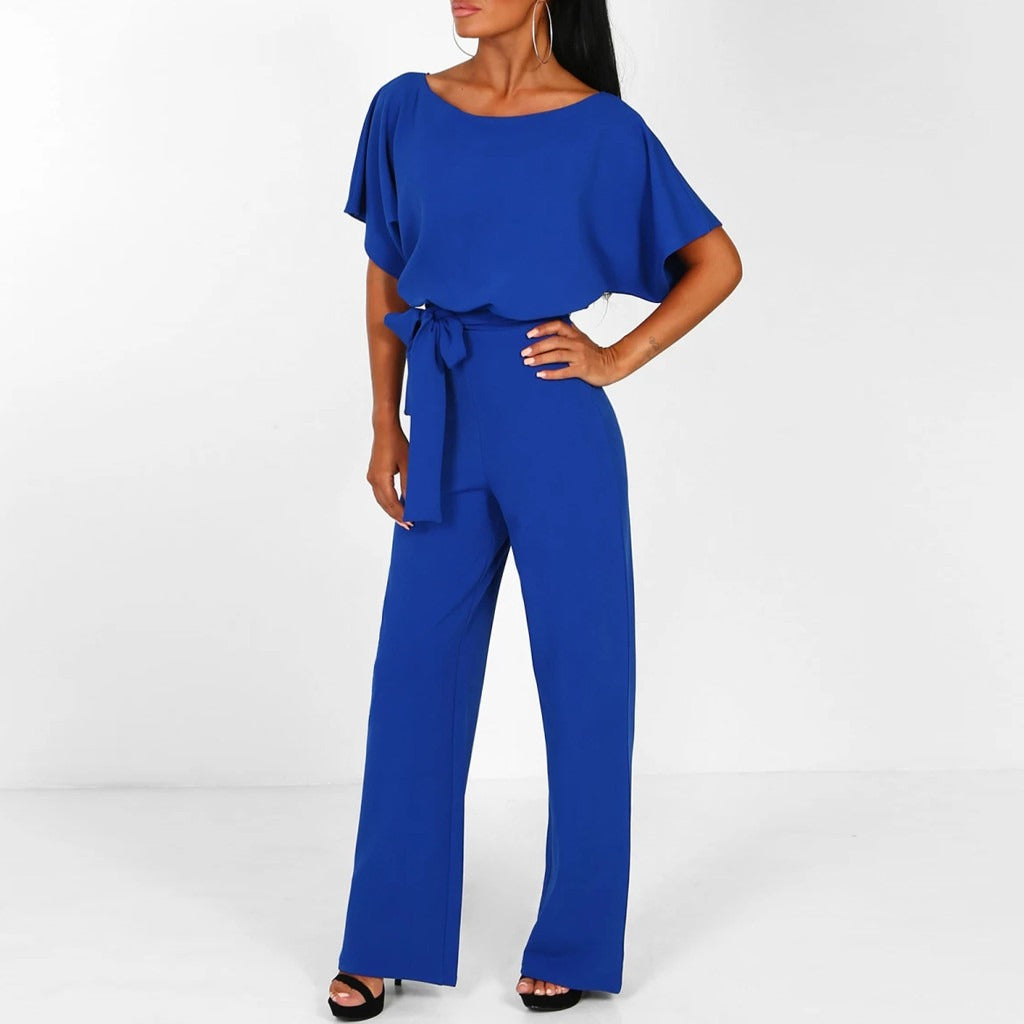 Duttini | Luxe Wide Leg Short Sleeve Belted Jumpsuit with Graceful Drape