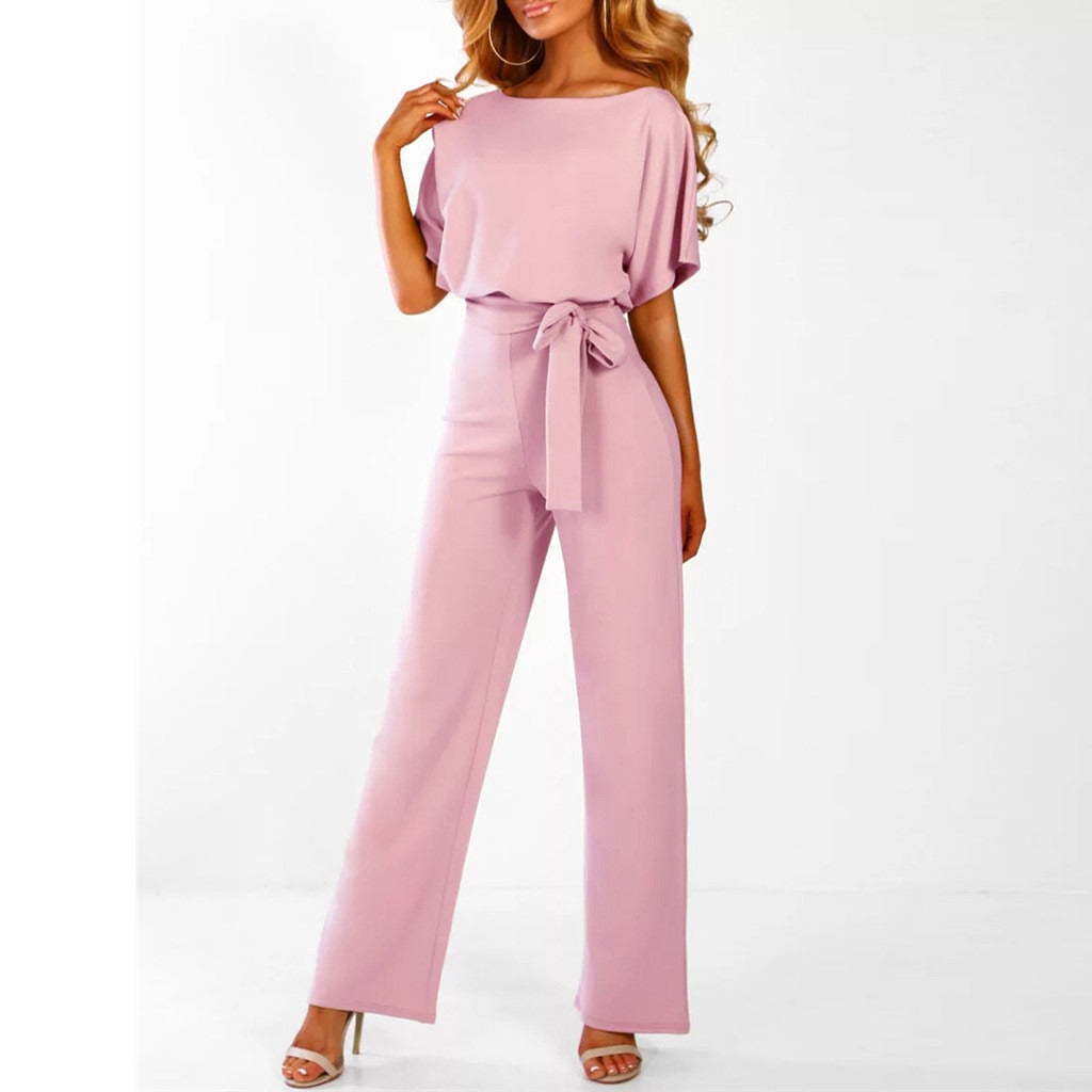 Duttini | Luxe Wide Leg Short Sleeve Belted Jumpsuit with Graceful Drape