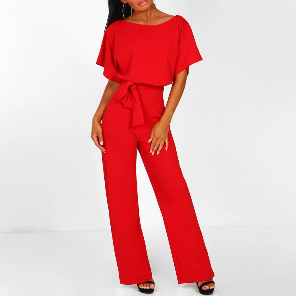 Duttini | Luxe Wide Leg Short Sleeve Belted Jumpsuit with Graceful Drape