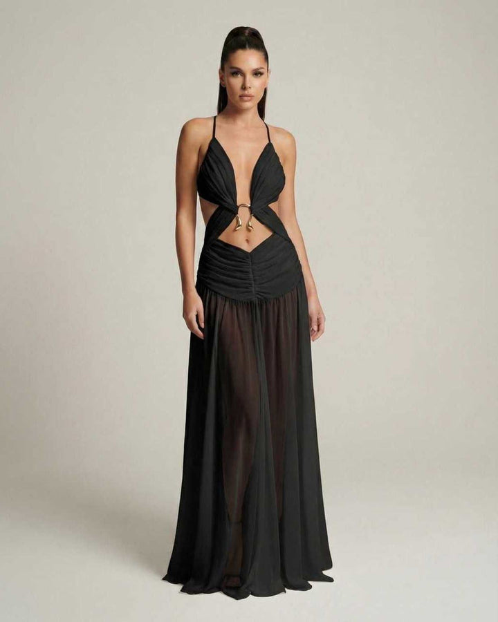 Duttini | Lightweight Black Fit and Flare Maxi Dress for Women