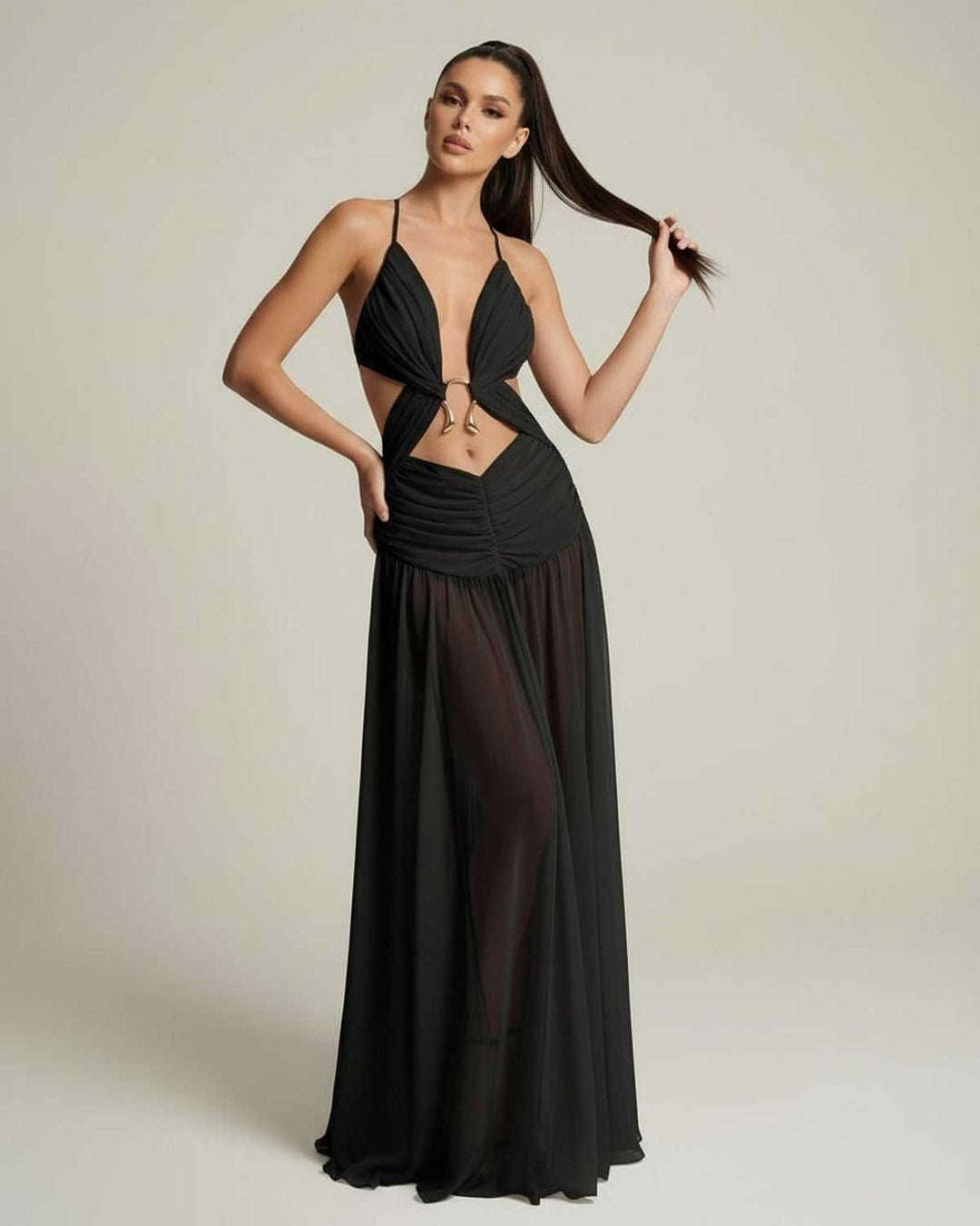 Duttini | Lightweight Black Fit and Flare Maxi Dress for Women