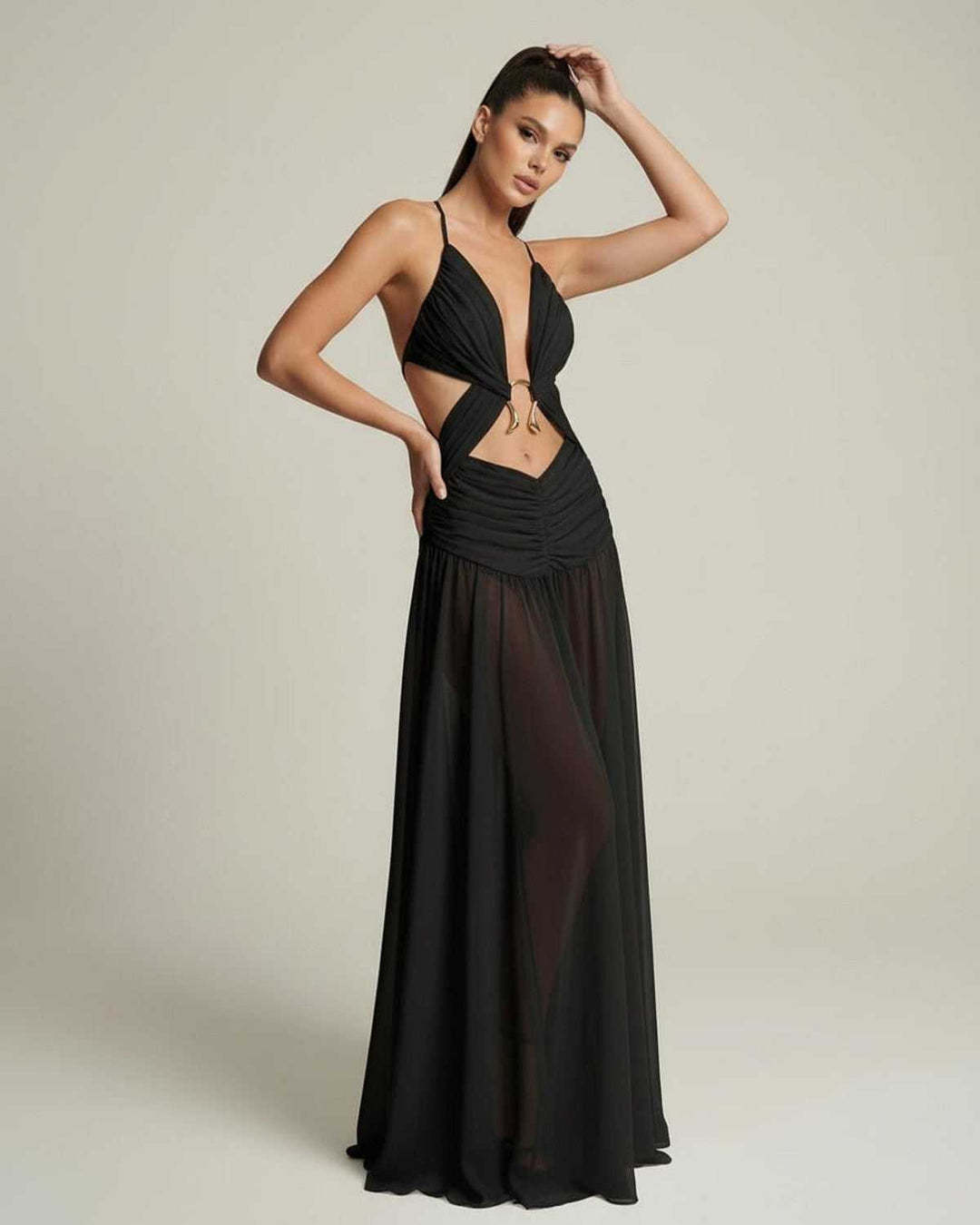 Duttini | Lightweight Black Fit and Flare Maxi Dress for Women