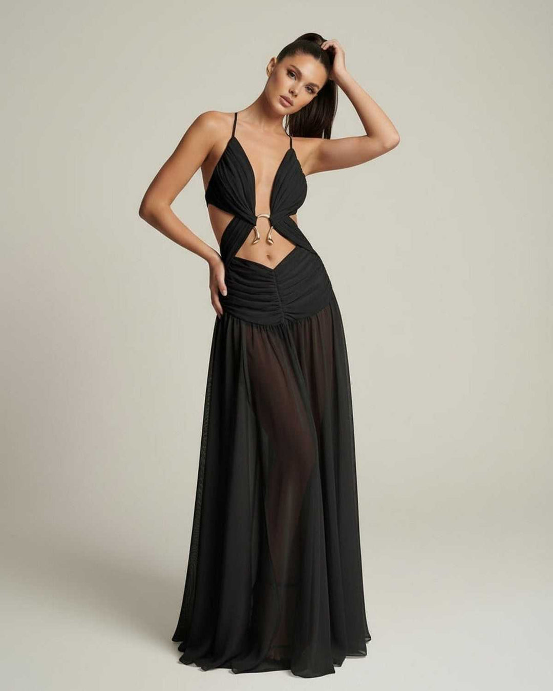 Duttini | Lightweight Black Fit and Flare Maxi Dress for Women