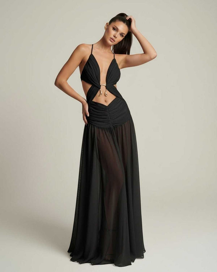 Duttini | Lightweight Black Fit and Flare Maxi Dress for Women